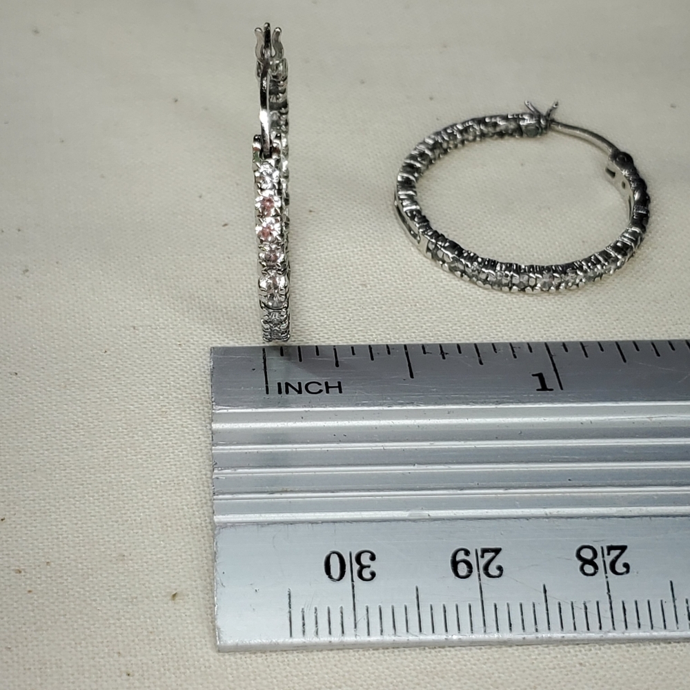 Earrings 1" Hoops 925 Sterling Silver FAB Prong Cubic Zirconia Pierced Vintage - Picture 7 of 8